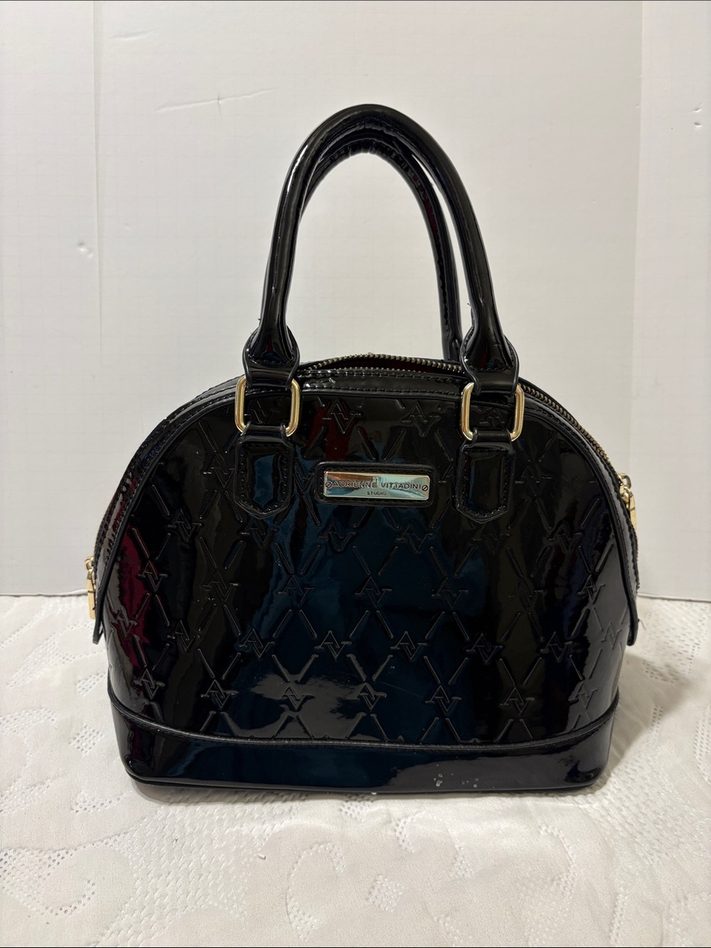 Adrienne Vittadini Women's Black Patent Dome Satchel Handbag